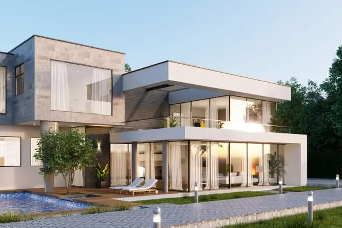 ガラス張りの現代的な住宅の施工事例